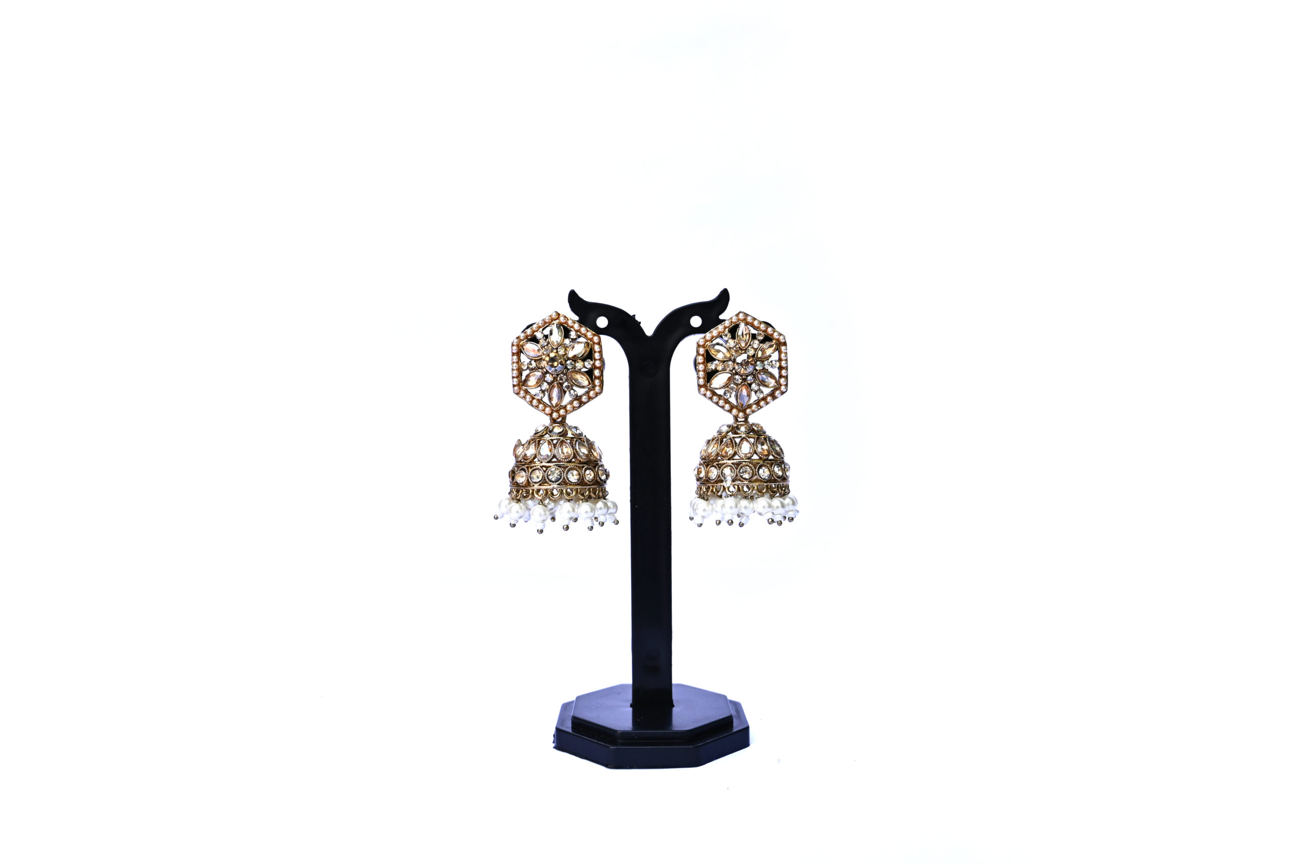 Royal Hexagon Kundan Pearl Jhumka Earrings - Image 2