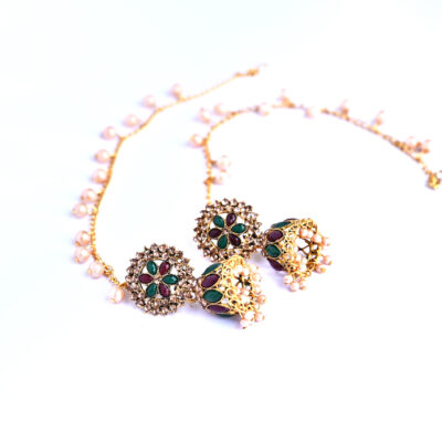 Traditional Kundan-Meenakari Jhumka with Pearl Chain