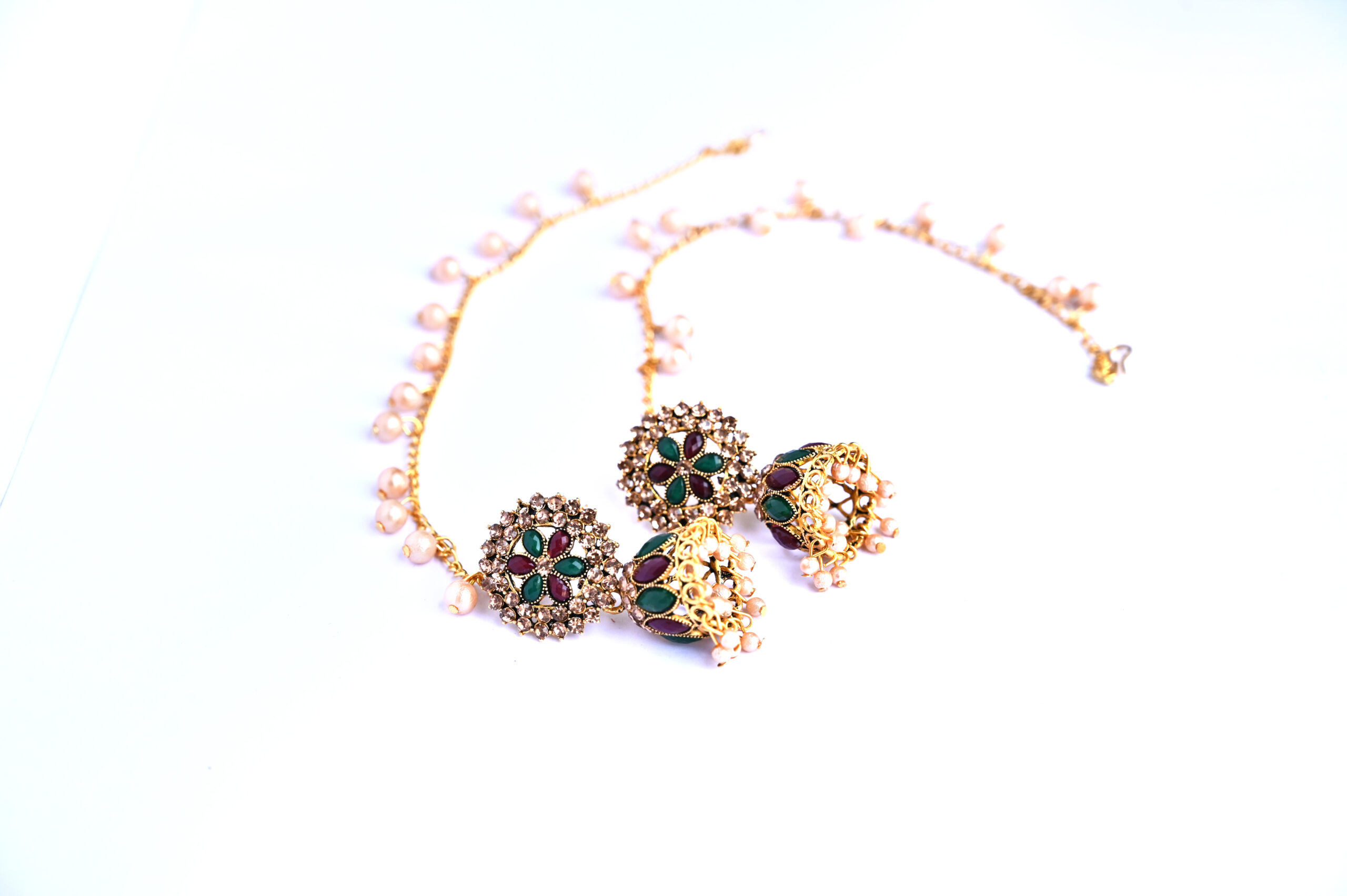 Traditional Kundan-Meenakari Jhumka with Pearl Chain