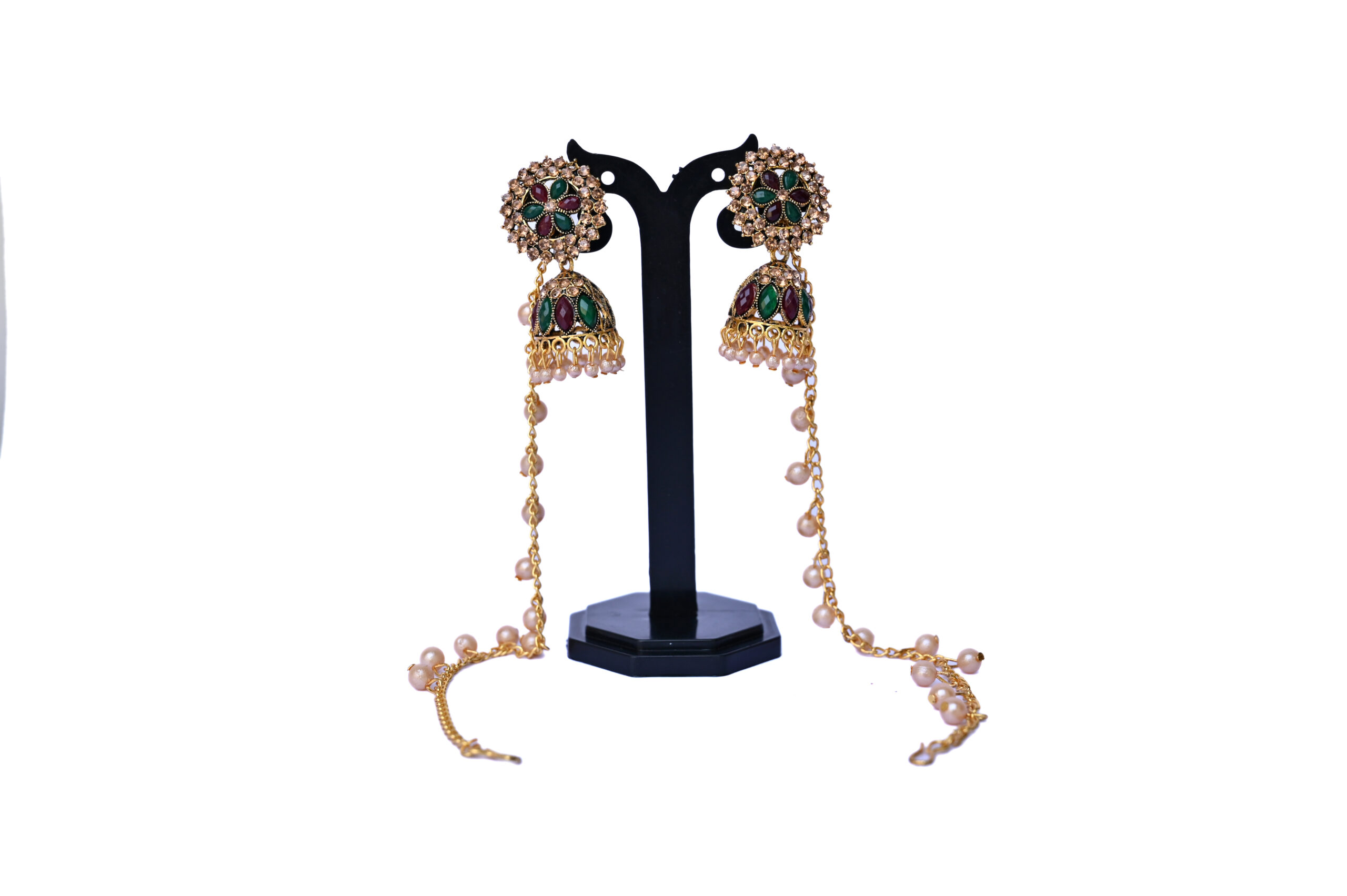 Traditional Kundan-Meenakari Jhumka with Pearl Chain - Image 2